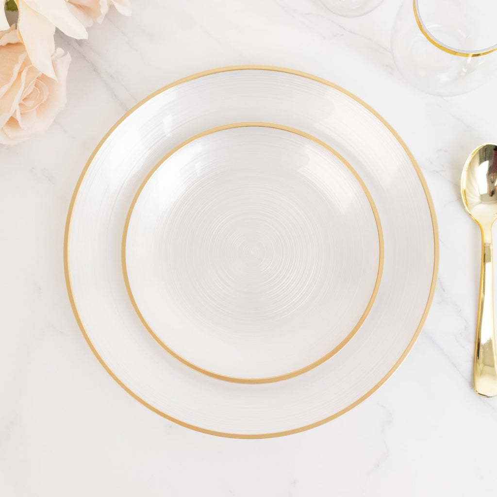 20 - Pack 7" Plastic Salad Dessert Plates, Round Transparent Pearl White Swirl with Gold Rim â€“ Crystal - Like Elegant Party Plates - Bell Racket Store