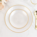 20 - Pack 7" Plastic Salad Dessert Plates, Round Transparent Pearl White Swirl with Gold Rim â€“ Crystal - Like Elegant Party Plates - Bell Racket Store