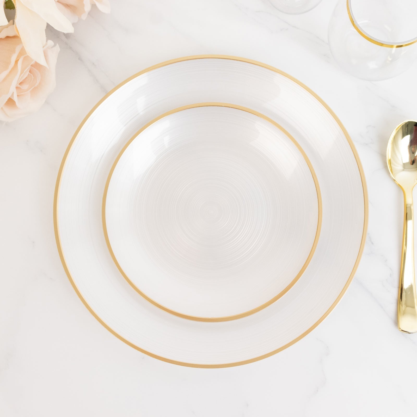 20 - Pack 7" Plastic Salad Dessert Plates, Round Transparent Pearl White Swirl with Gold Rim â€“ Crystal - Like Elegant Party Plates - Bell Racket Store