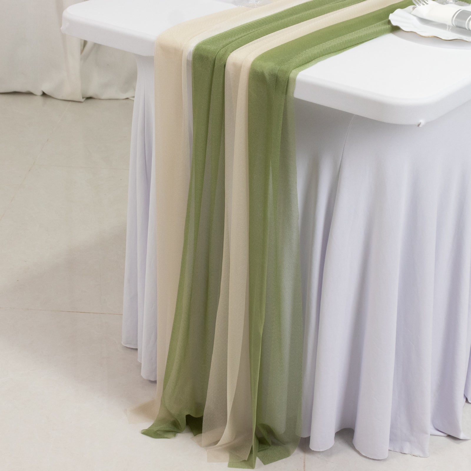 20 - Pack 9ft Sheer Table Runners â€“ Dusty Sage Green/Beige Shimmer Sheer Drapes, Wrinkle - Free - Bell Racket Store