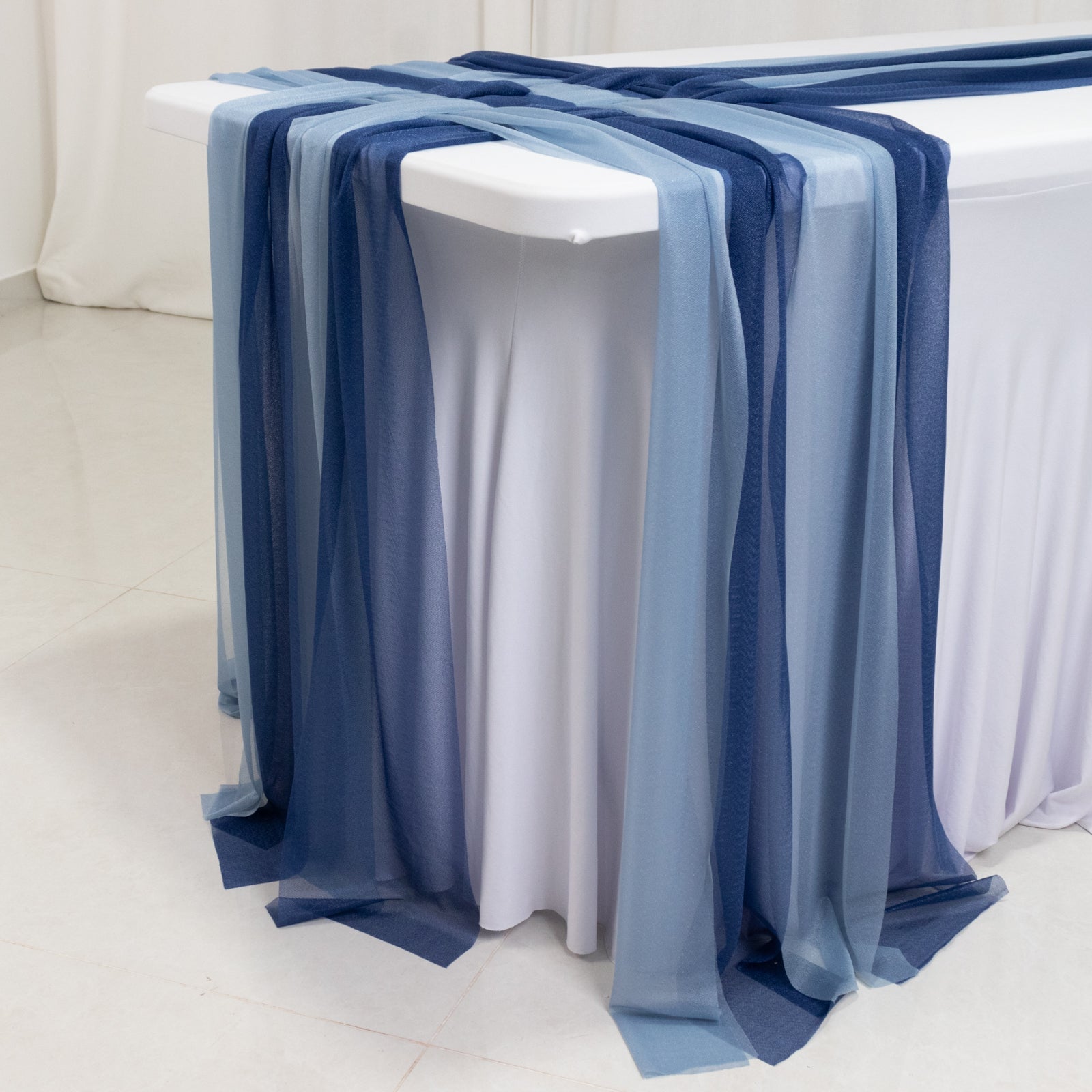 20 - Pack 9ft Sheer Table Runners â€“ Navy Blue/Dusty Blue Shimmer Sheer Drapes, Wrinkle - Free - Bell Racket Store