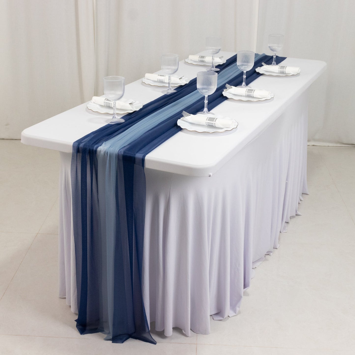 20 - Pack 9ft Sheer Table Runners â€“ Navy Blue/Dusty Blue Shimmer Sheer Drapes, Wrinkle - Free - Bell Racket Store