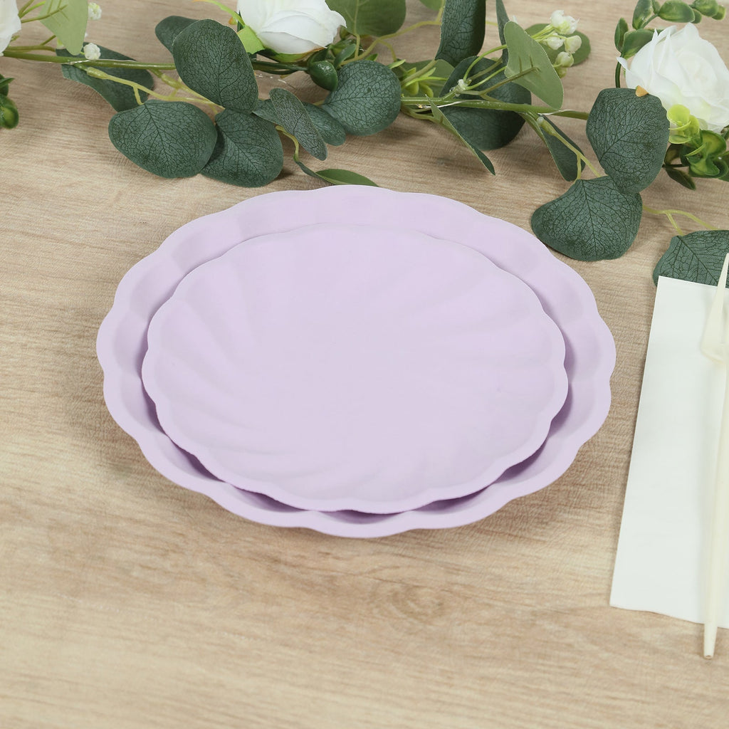 20 Pack Biodegradable Salad Plates in Lavender Lilac â€“ 7" Swirl Scalloped Pastel Color Compostable Bamboo Dessert Plates, Elegant Disposable Tableware - Bell Racket Store