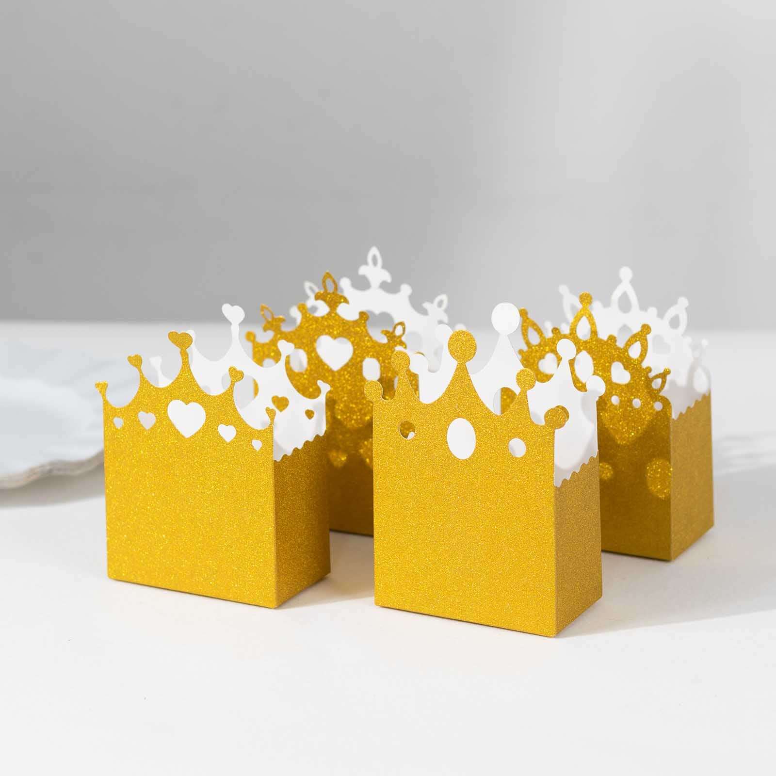 20 - Pack Cardstock Favor Boxes Gold Glitter Princess Crown Design - Regal Fantasy Fairytale Inspired Treat Bags for Wedding Birthday Baby Shower Decorations 3.5"x 2"x 5" - Bell Racket Store