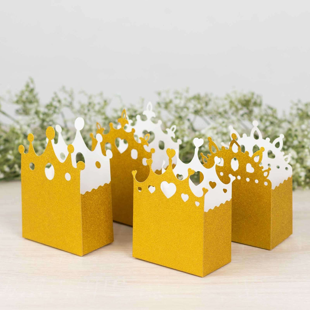 20 - Pack Cardstock Favor Boxes Gold Glitter Princess Crown Design - Regal Fantasy Fairytale Inspired Treat Bags for Wedding Birthday Baby Shower Decorations 3.5"x 2"x 5" - Bell Racket Store
