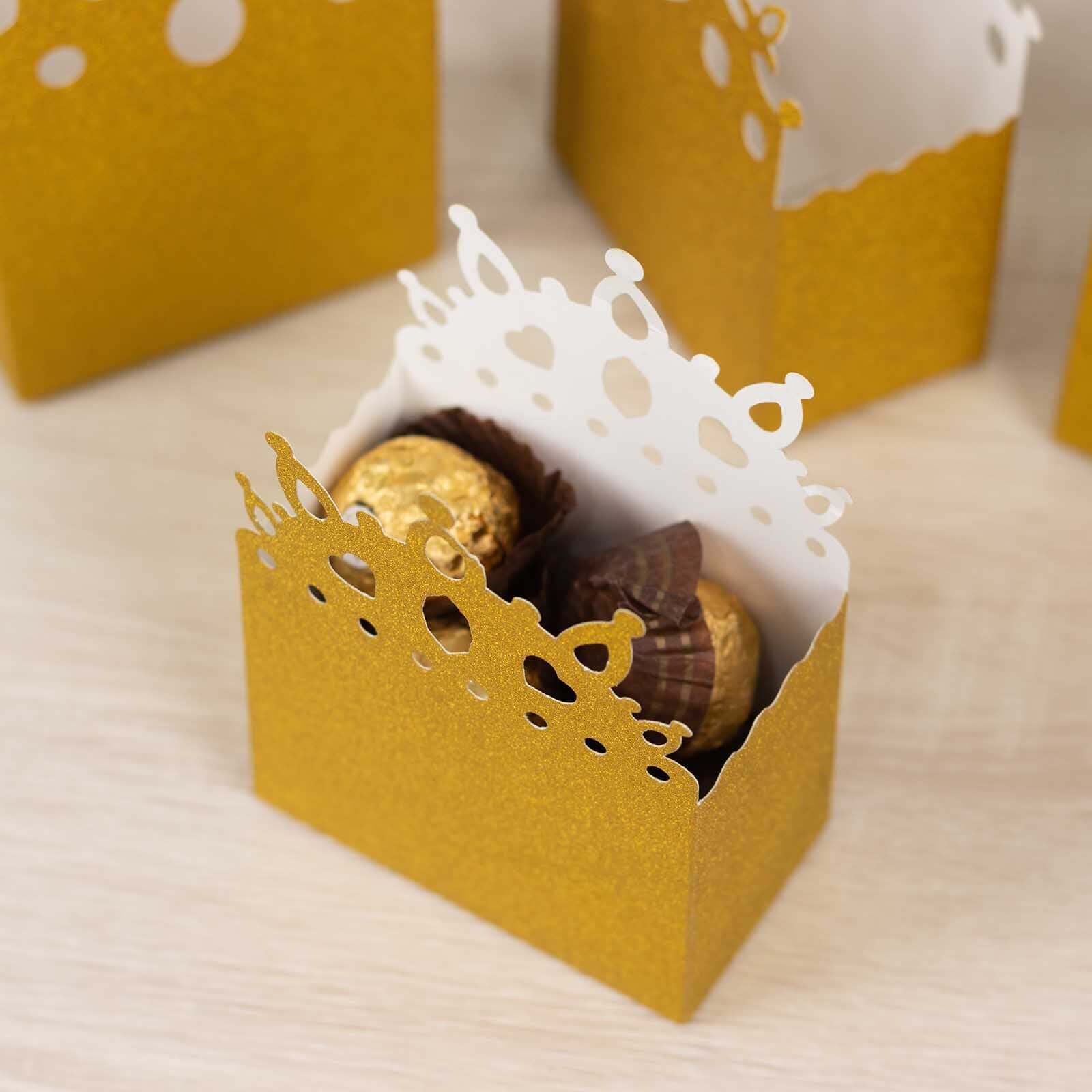 20 - Pack Cardstock Favor Boxes Gold Glitter Princess Crown Design - Regal Fantasy Fairytale Inspired Treat Bags for Wedding Birthday Baby Shower Decorations 3.5"x 2"x 5" - Bell Racket Store