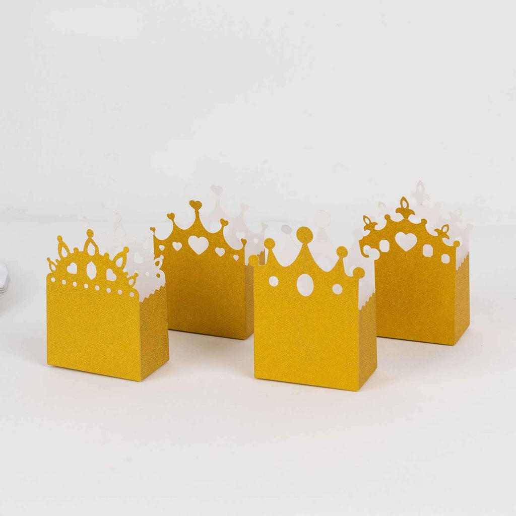 20 - Pack Cardstock Favor Boxes Gold Glitter Princess Crown Design - Regal Fantasy Fairytale Inspired Treat Bags for Wedding Birthday Baby Shower Decorations 3.5"x 2"x 5" - Bell Racket Store