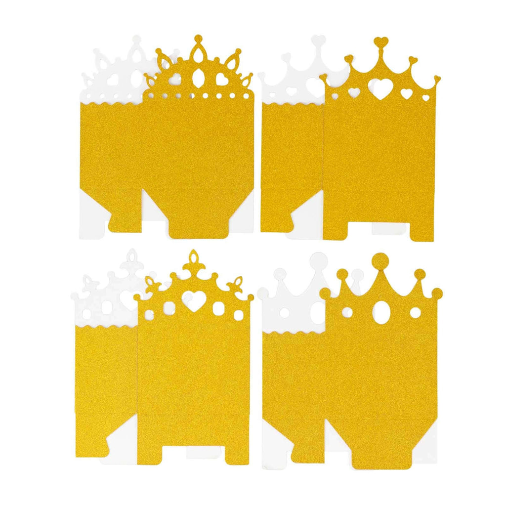 20 - Pack Cardstock Favor Boxes Gold Glitter Princess Crown Design - Regal Fantasy Fairytale Inspired Treat Bags for Wedding Birthday Baby Shower Decorations 3.5"x 2"x 5" - Bell Racket Store