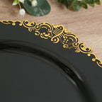 20 - Pack Economy Plastic Round Charger Plates 13" in Black with Gold Embossed Baroque Rim, Stylish Dinner Party Serving Plates - Bell Racket Store