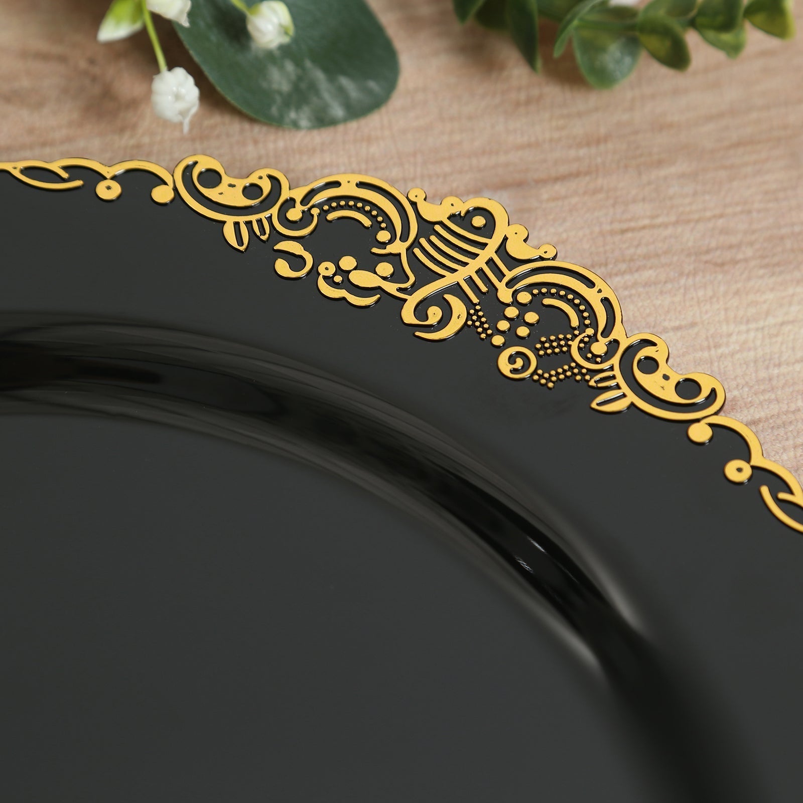 20 - Pack Economy Plastic Round Charger Plates 13" in Black with Gold Embossed Baroque Rim, Stylish Dinner Party Serving Plates - Bell Racket Store