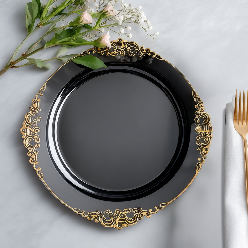 20 - Pack Economy Plastic Round Charger Plates 13" in Black with Gold Embossed Baroque Rim, Stylish Dinner Party Serving Plates - Bell Racket Store