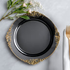 20 - Pack Economy Plastic Round Charger Plates 13" in Black with Gold Embossed Baroque Rim, Stylish Dinner Party Serving Plates - Bell Racket Store