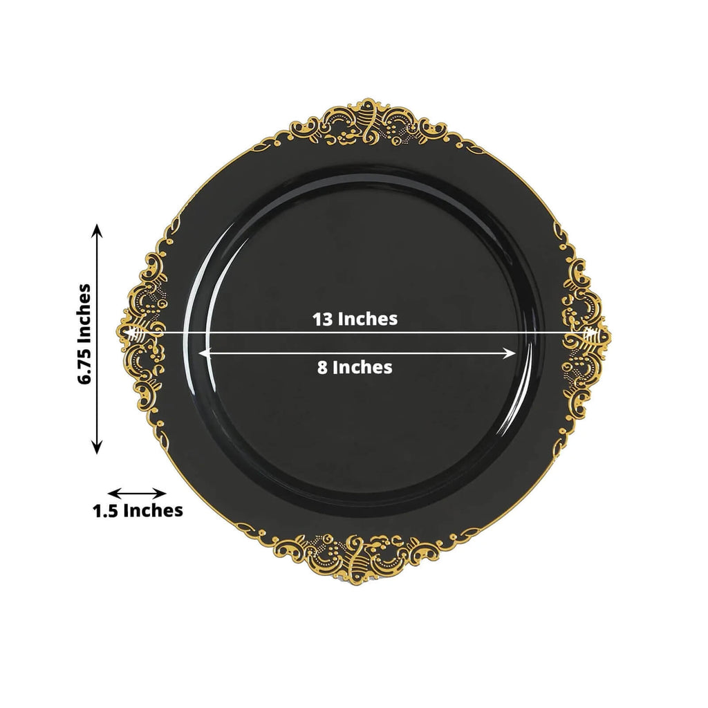 20 - Pack Economy Plastic Round Charger Plates 13" in Black with Gold Embossed Baroque Rim, Stylish Dinner Party Serving Plates - Bell Racket Store