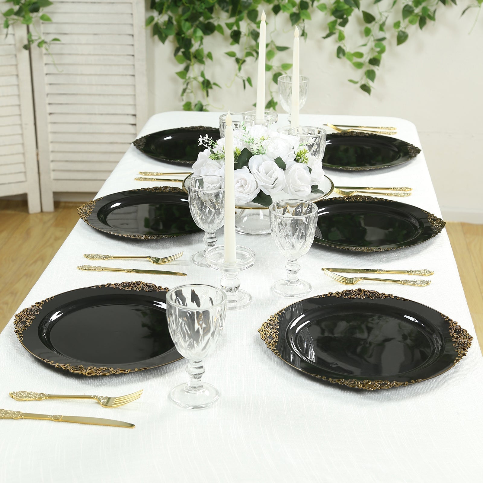 20 - Pack Economy Plastic Round Charger Plates 13" in Black with Gold Embossed Baroque Rim, Stylish Dinner Party Serving Plates - Bell Racket Store