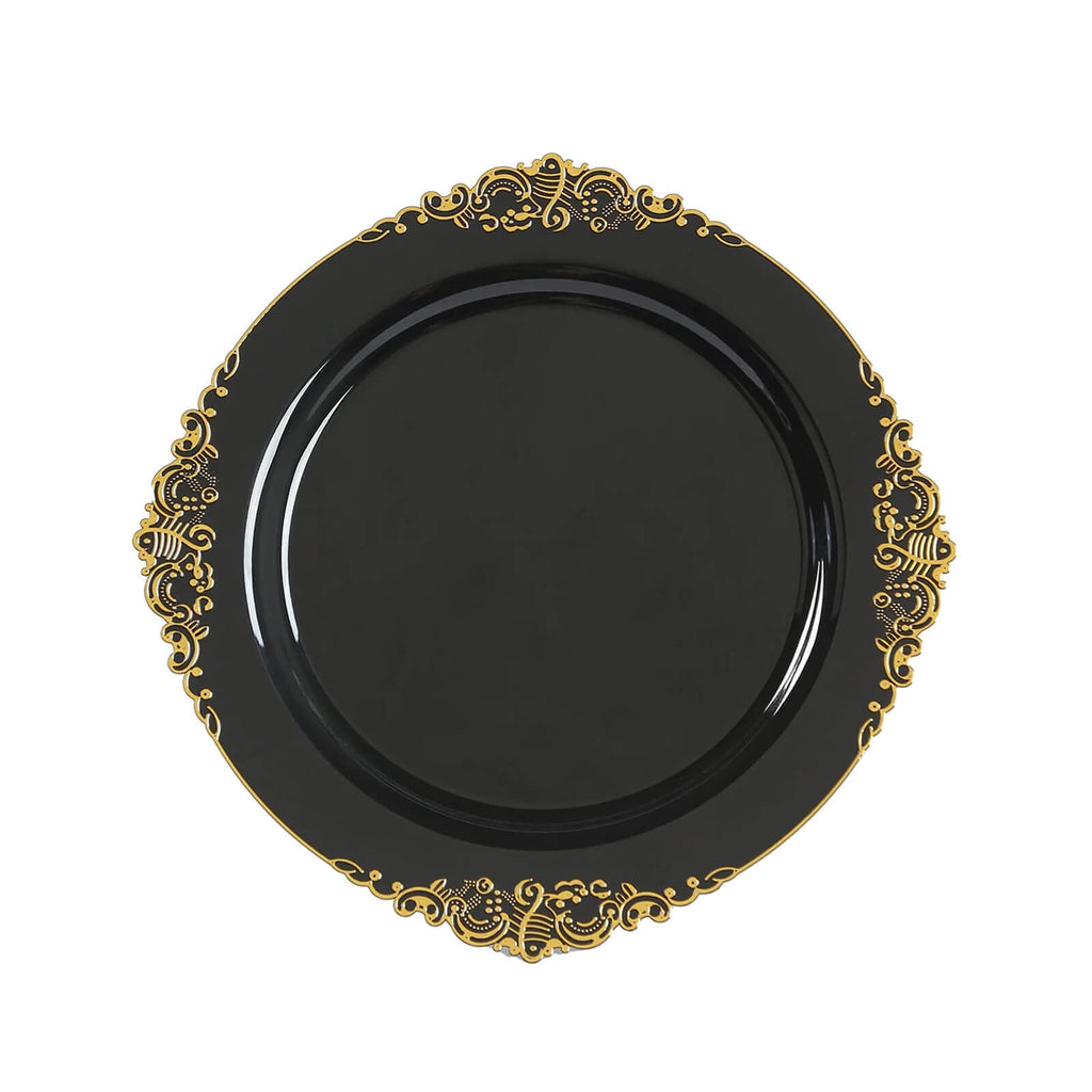 20 - Pack Economy Plastic Round Charger Plates 13" in Black with Gold Embossed Baroque Rim, Stylish Dinner Party Serving Plates - Bell Racket Store