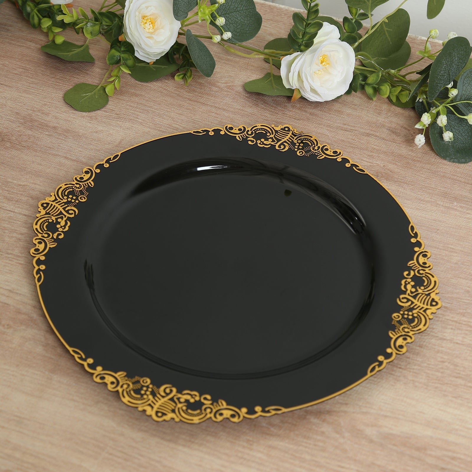 20 - Pack Economy Plastic Round Charger Plates 13" in Black with Gold Embossed Baroque Rim, Stylish Dinner Party Serving Plates - Bell Racket Store