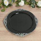 20 - Pack Economy Plastic Round Charger Plates 13" in Black with Silver Embossed Baroque Rim, Stylish Dinner Party Serving Plates - Bell Racket Store