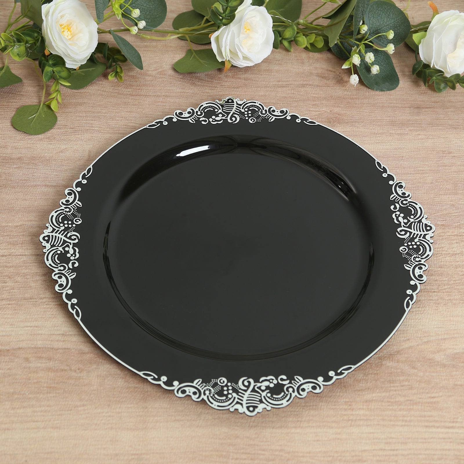 20 - Pack Economy Plastic Round Charger Plates 13" in Black with Silver Embossed Baroque Rim, Stylish Dinner Party Serving Plates - Bell Racket Store