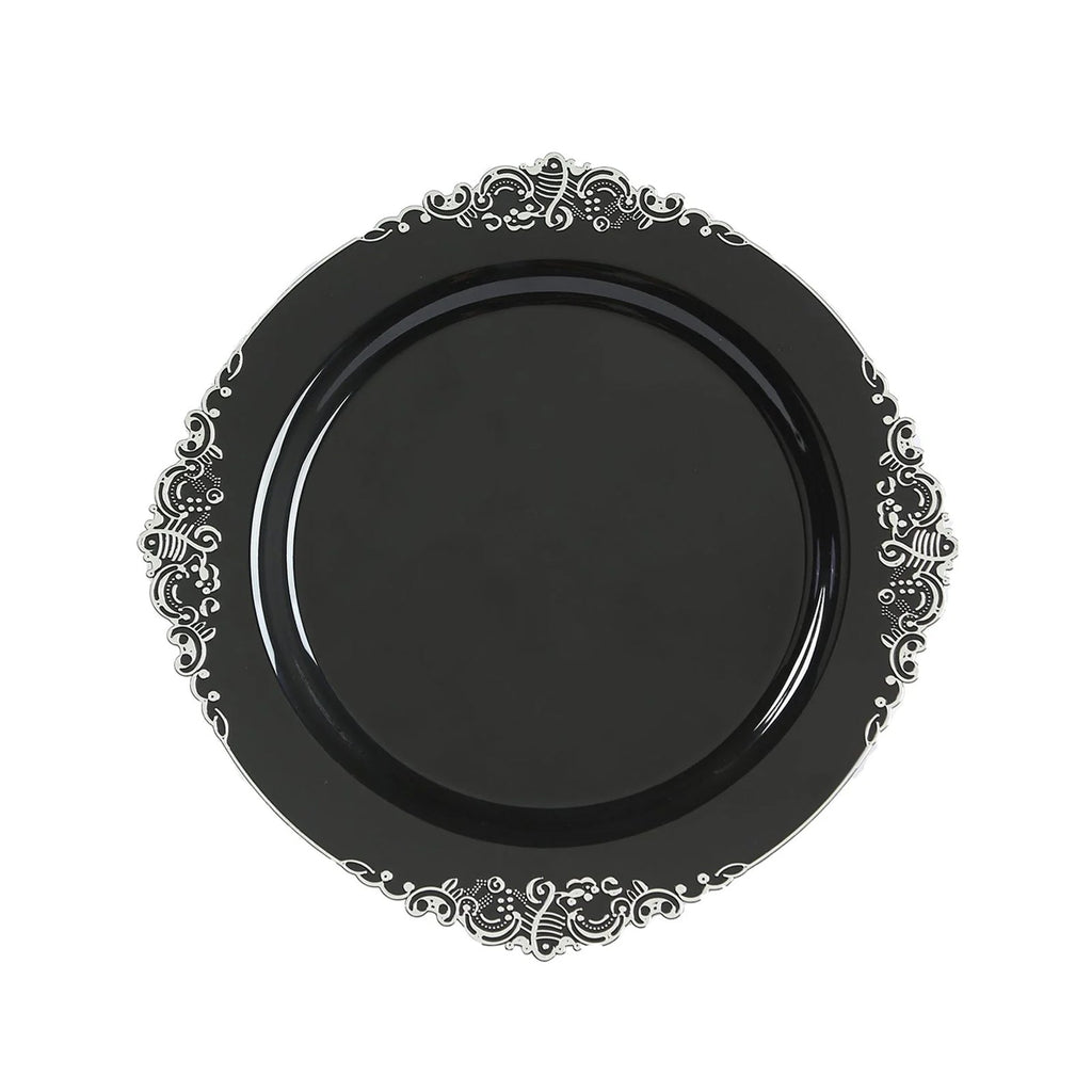 20 - Pack Economy Plastic Round Charger Plates 13" in Black with Silver Embossed Baroque Rim, Stylish Dinner Party Serving Plates - Bell Racket Store