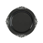 20 - Pack Economy Plastic Round Charger Plates 13" in Black with Silver Embossed Baroque Rim, Stylish Dinner Party Serving Plates - Bell Racket Store