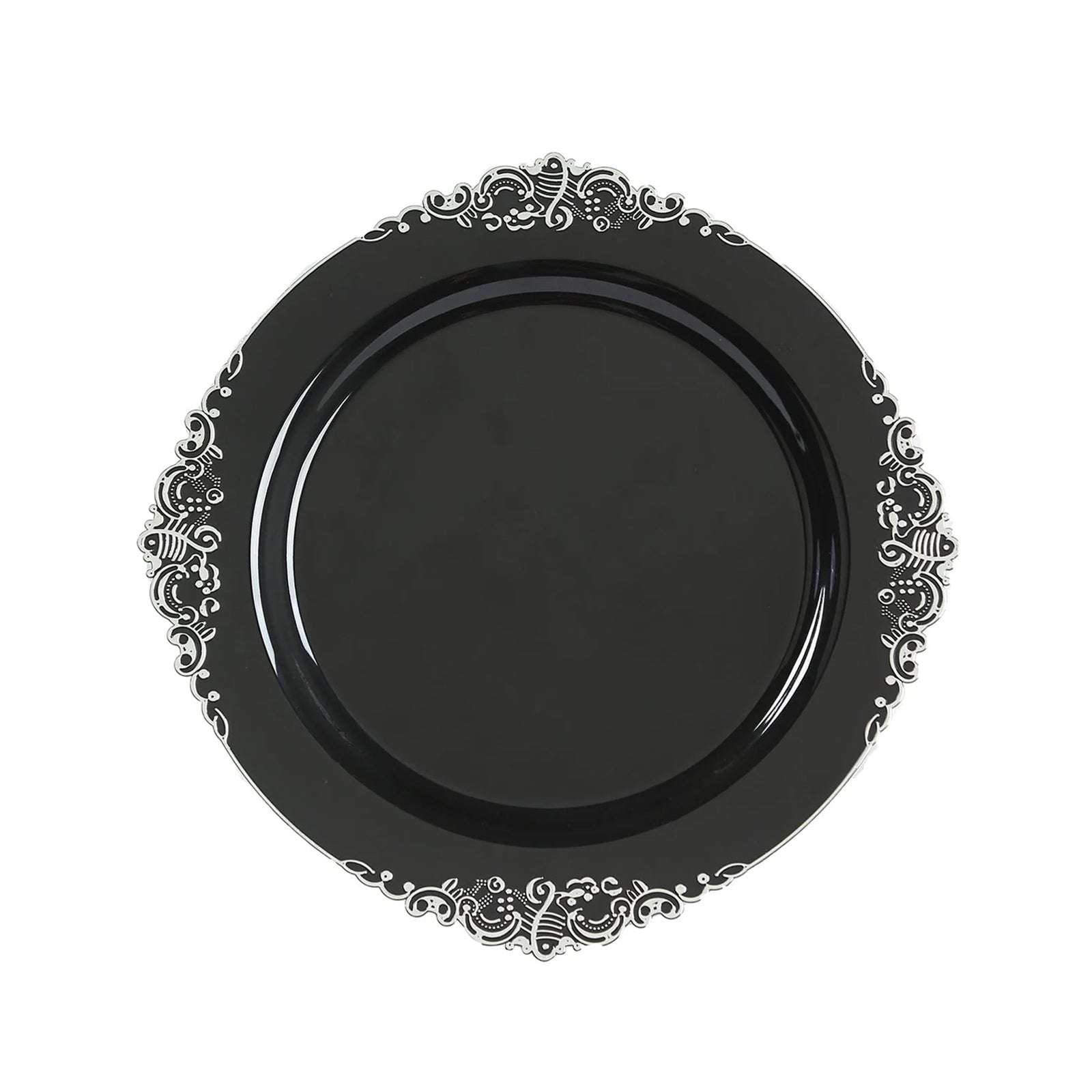 20 - Pack Economy Plastic Round Charger Plates 13" in Black with Silver Embossed Baroque Rim, Stylish Dinner Party Serving Plates - Bell Racket Store