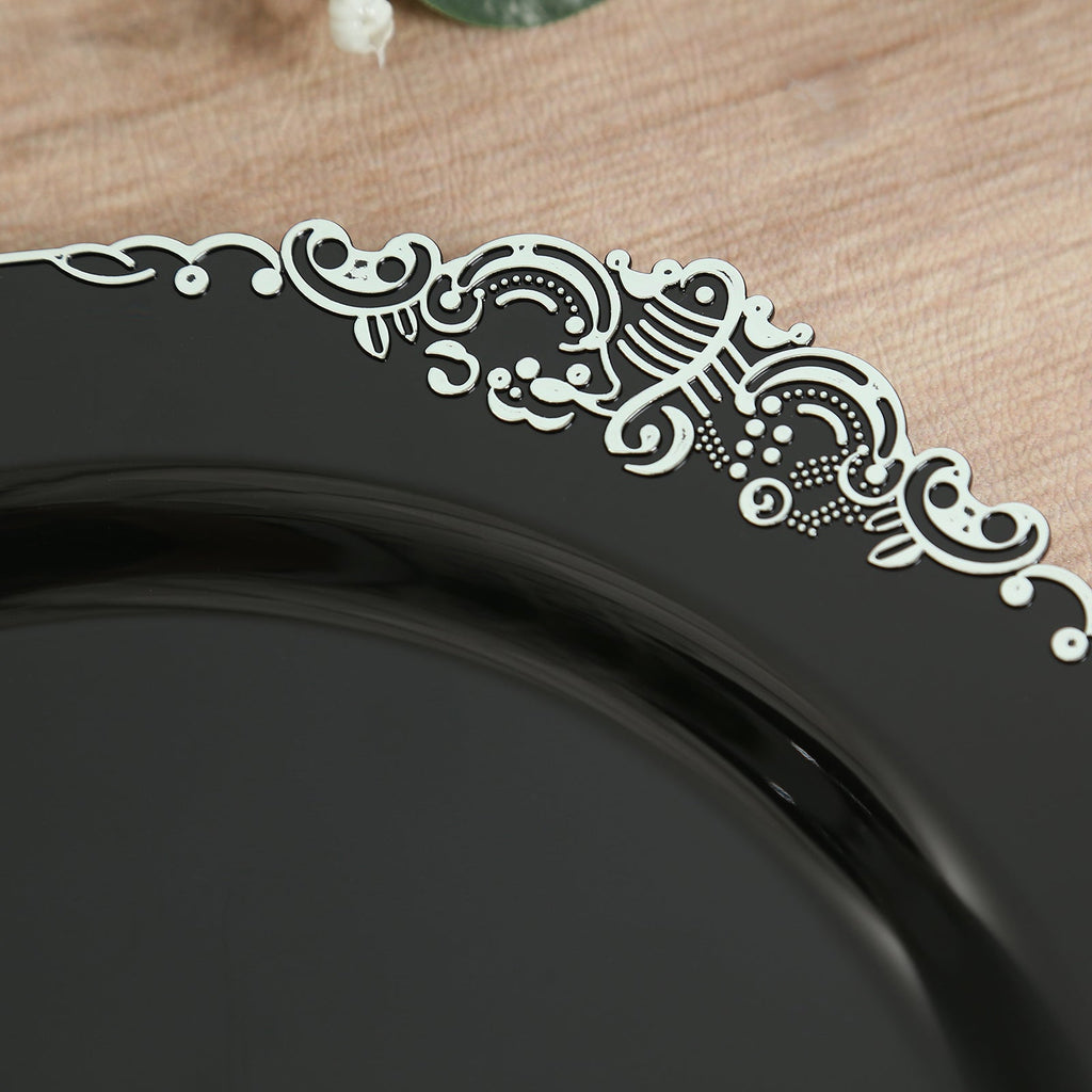 20 - Pack Economy Plastic Round Charger Plates 13" in Black with Silver Embossed Baroque Rim, Stylish Dinner Party Serving Plates - Bell Racket Store