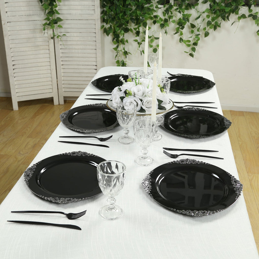 20 - Pack Economy Plastic Round Charger Plates 13" in Black with Silver Embossed Baroque Rim, Stylish Dinner Party Serving Plates - Bell Racket Store