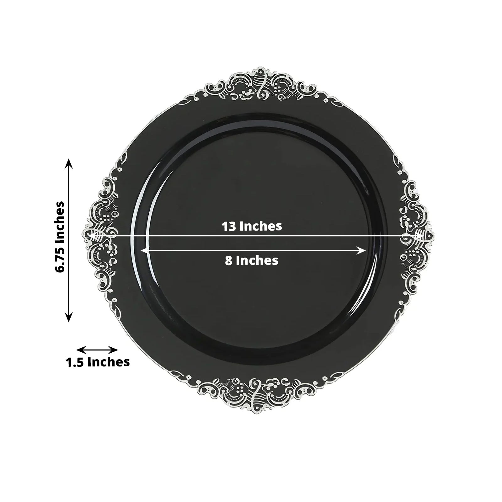 20 - Pack Economy Plastic Round Charger Plates 13" in Black with Silver Embossed Baroque Rim, Stylish Dinner Party Serving Plates - Bell Racket Store