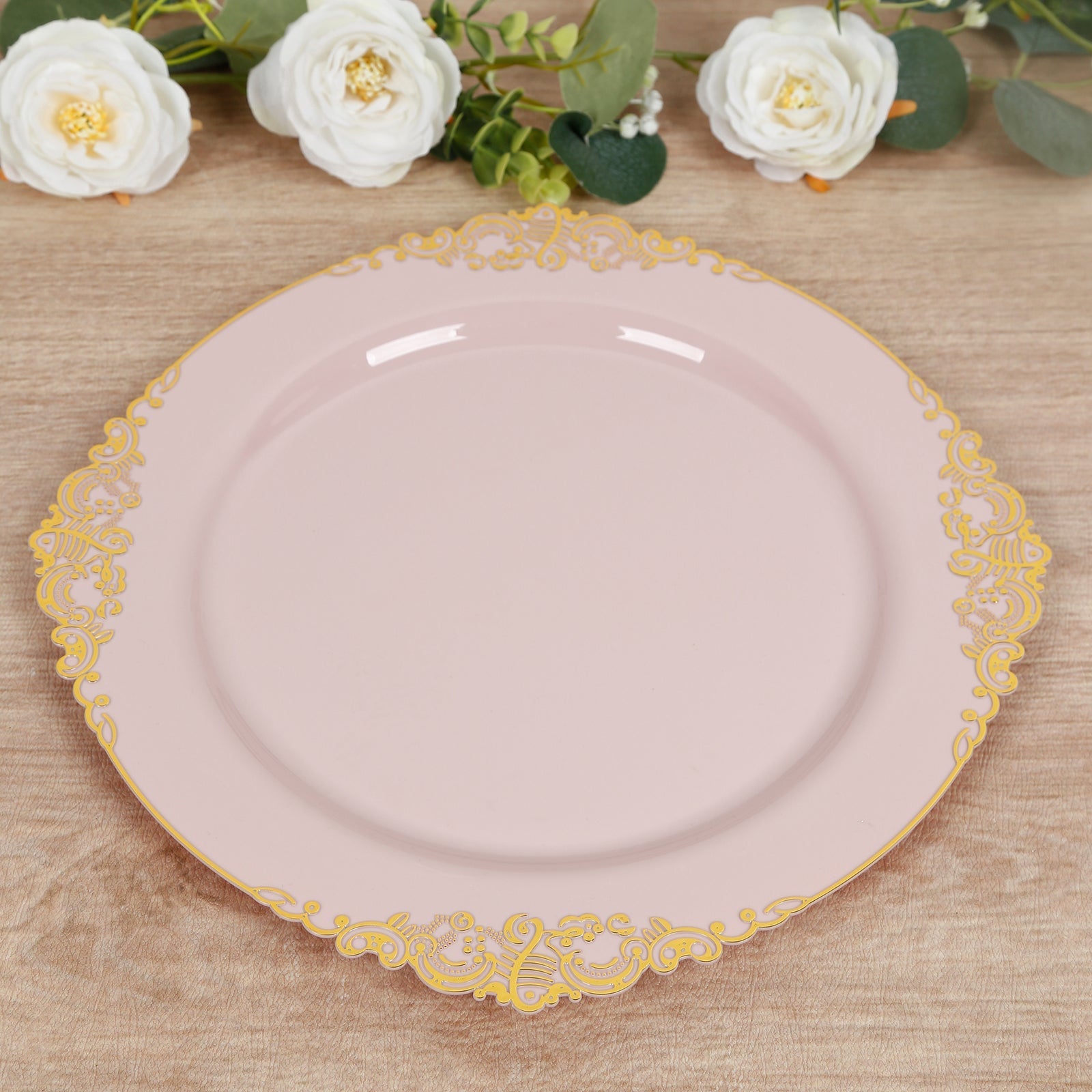 20 - Pack Economy Plastic Round Charger Plates 13" in Blush with Gold Embossed Baroque Rim, Stylish Dinner Party Serving Plates - Bell Racket Store