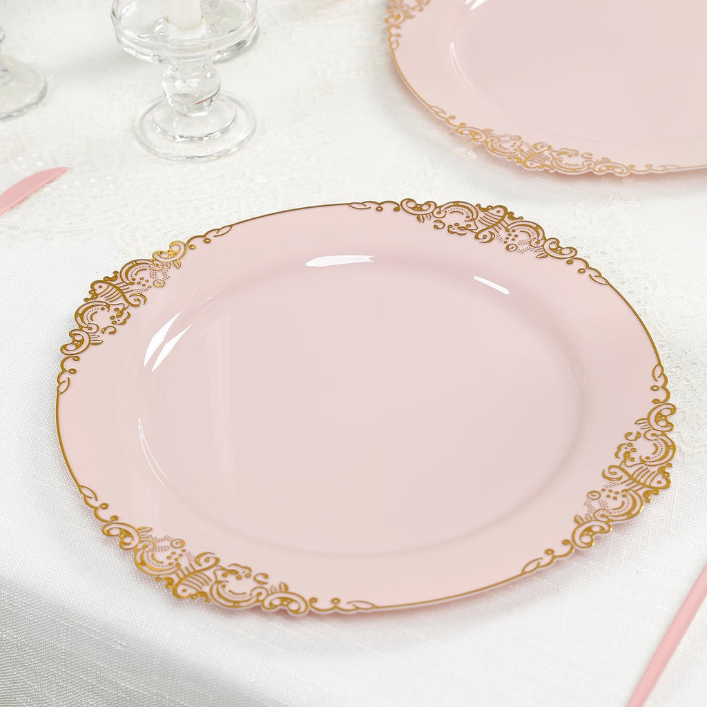 20 - Pack Economy Plastic Round Charger Plates 13" in Blush with Gold Embossed Baroque Rim, Stylish Dinner Party Serving Plates - Bell Racket Store