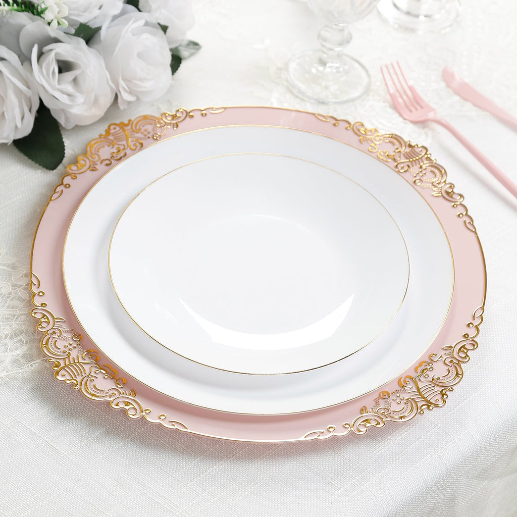 20 - Pack Economy Plastic Round Charger Plates 13" in Blush with Gold Embossed Baroque Rim, Stylish Dinner Party Serving Plates - Bell Racket Store