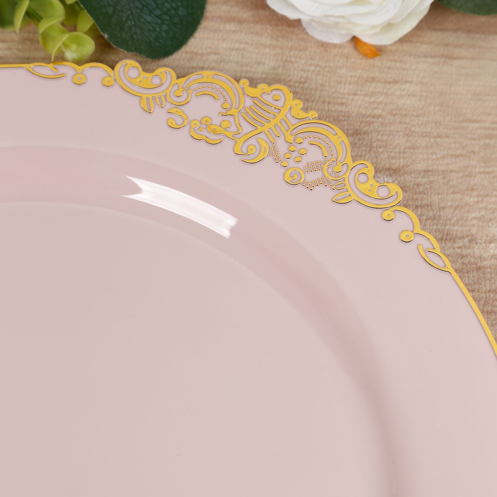 20 - Pack Economy Plastic Round Charger Plates 13" in Blush with Gold Embossed Baroque Rim, Stylish Dinner Party Serving Plates - Bell Racket Store