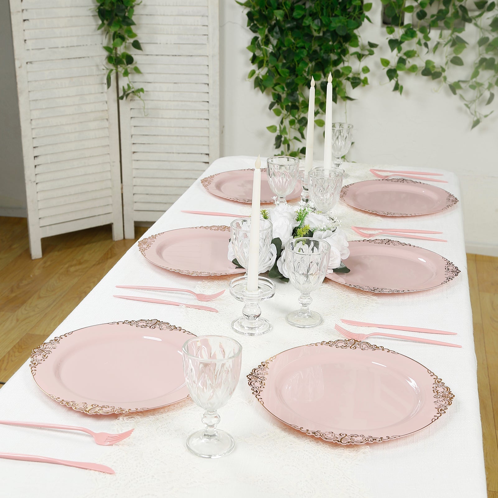 20 - Pack Economy Plastic Round Charger Plates 13" in Blush with Gold Embossed Baroque Rim, Stylish Dinner Party Serving Plates - Bell Racket Store