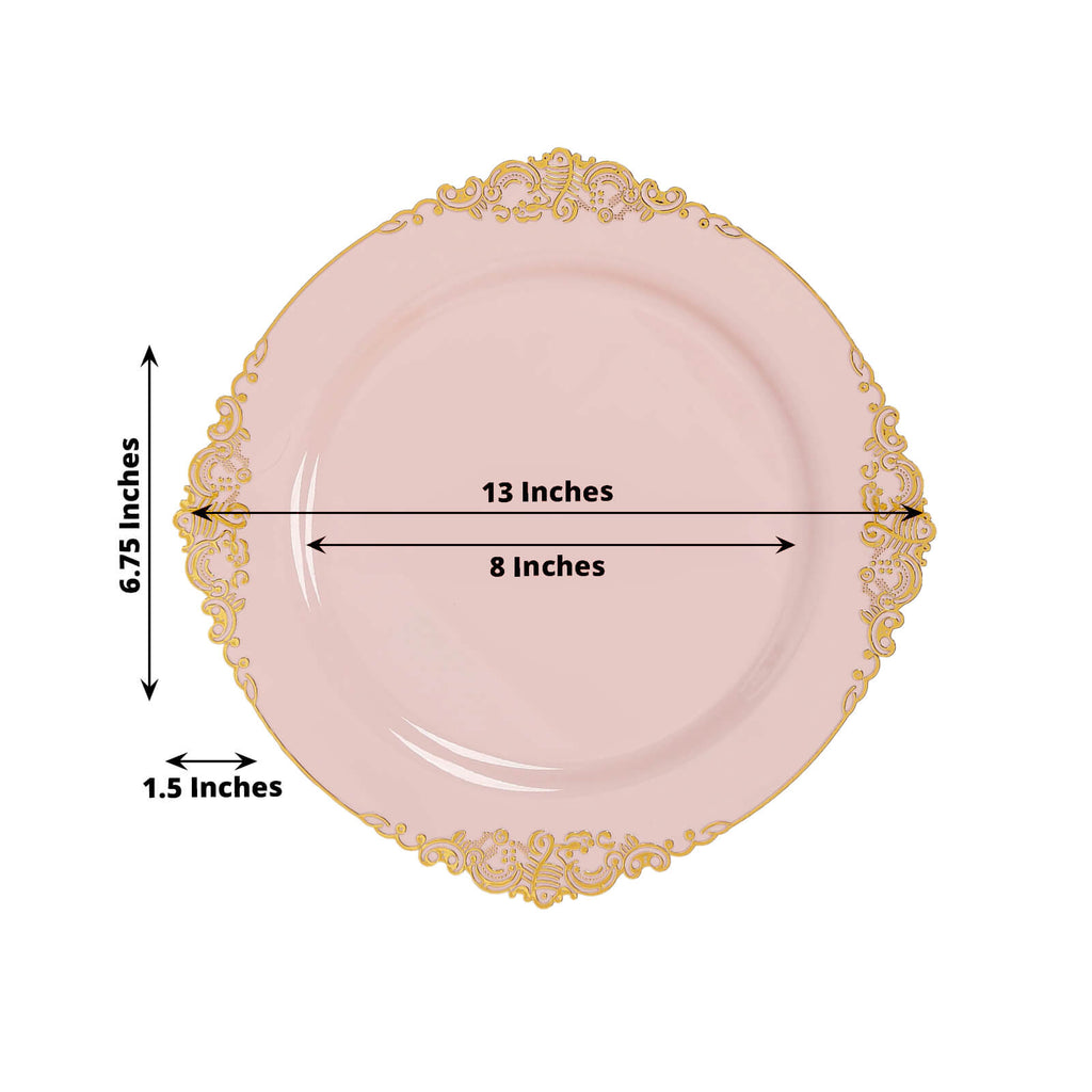 20 - Pack Economy Plastic Round Charger Plates 13" in Blush with Gold Embossed Baroque Rim, Stylish Dinner Party Serving Plates - Bell Racket Store