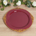 20 - Pack Economy Plastic Round Charger Plates 13" in Burgundy with Gold Embossed Baroque Rim, Stylish Dinner Party Serving Plates - Bell Racket Store