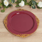 20 - Pack Economy Plastic Round Charger Plates 13" in Burgundy with Gold Embossed Baroque Rim, Stylish Dinner Party Serving Plates - Bell Racket Store