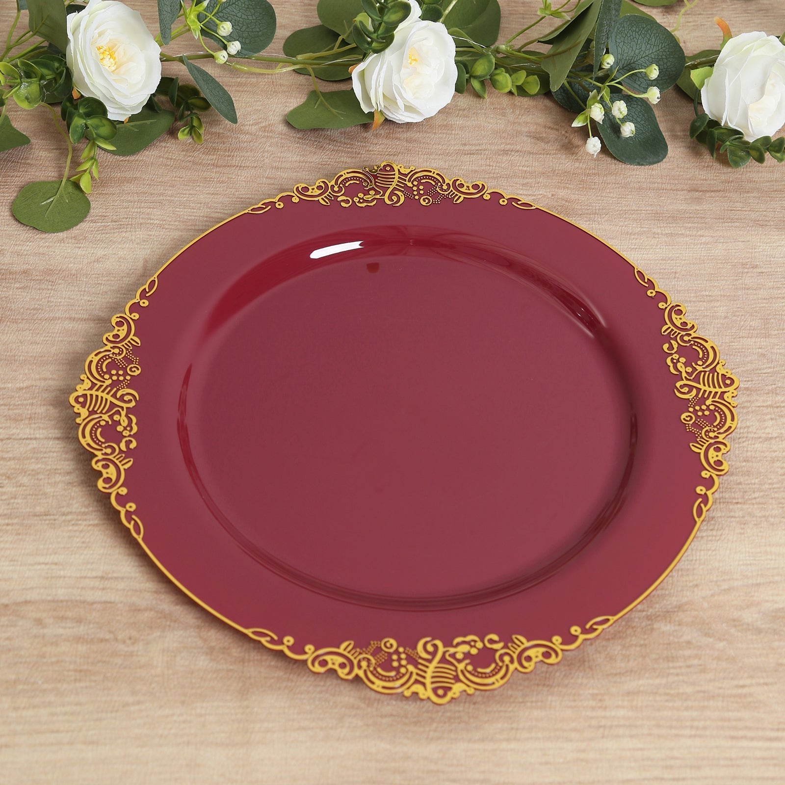 20 - Pack Economy Plastic Round Charger Plates 13" in Burgundy with Gold Embossed Baroque Rim, Stylish Dinner Party Serving Plates - Bell Racket Store