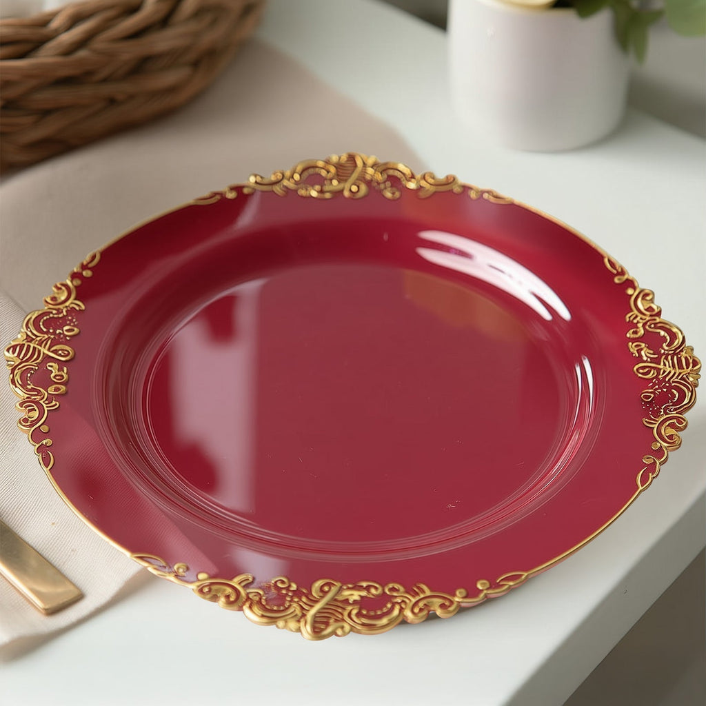 20 - Pack Economy Plastic Round Charger Plates 13" in Burgundy with Gold Embossed Baroque Rim, Stylish Dinner Party Serving Plates - Bell Racket Store