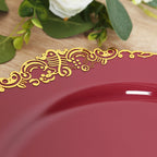 20 - Pack Economy Plastic Round Charger Plates 13" in Burgundy with Gold Embossed Baroque Rim, Stylish Dinner Party Serving Plates - Bell Racket Store