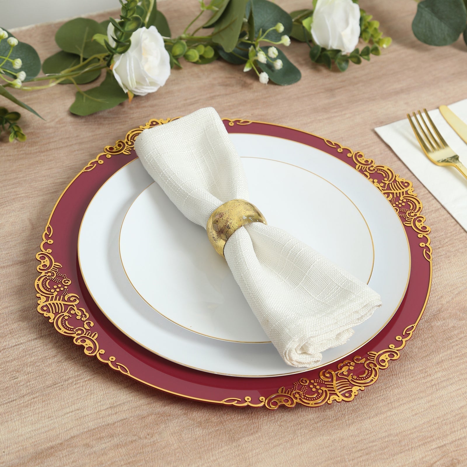 20 - Pack Economy Plastic Round Charger Plates 13" in Burgundy with Gold Embossed Baroque Rim, Stylish Dinner Party Serving Plates - Bell Racket Store