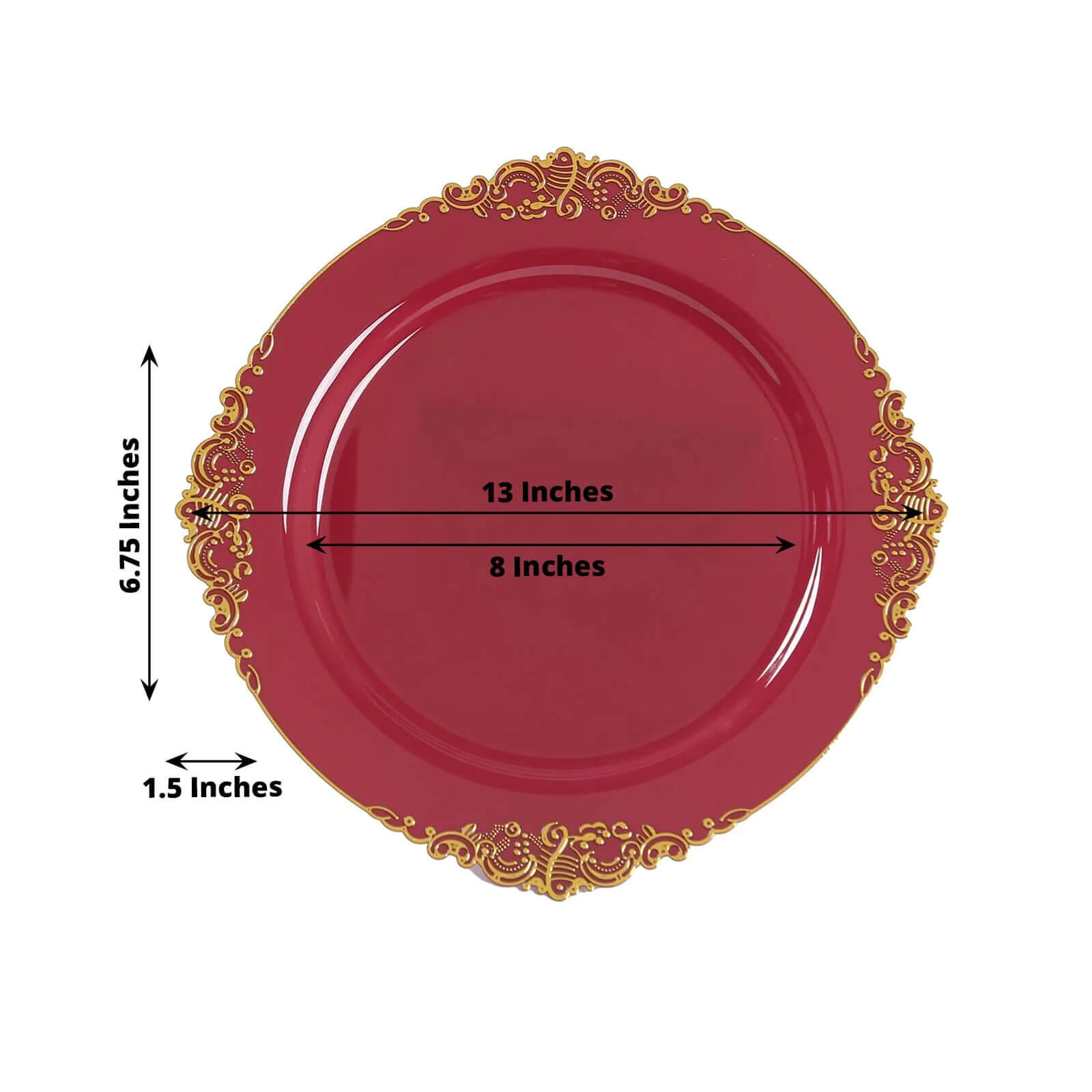 20 - Pack Economy Plastic Round Charger Plates 13" in Burgundy with Gold Embossed Baroque Rim, Stylish Dinner Party Serving Plates - Bell Racket Store