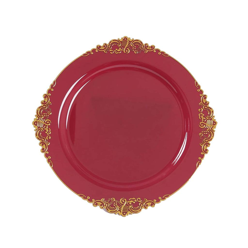 20 - Pack Economy Plastic Round Charger Plates 13" in Burgundy with Gold Embossed Baroque Rim, Stylish Dinner Party Serving Plates - Bell Racket Store