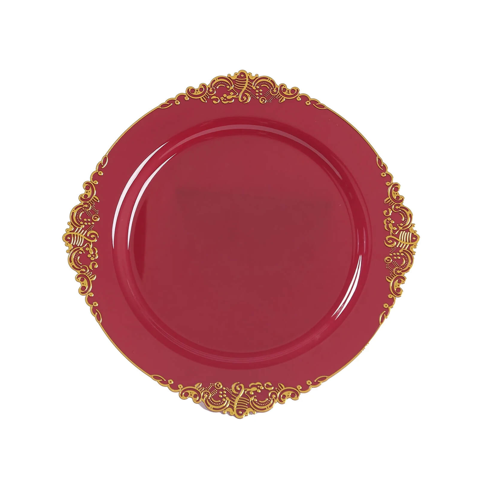 20 - Pack Economy Plastic Round Charger Plates 13" in Burgundy with Gold Embossed Baroque Rim, Stylish Dinner Party Serving Plates - Bell Racket Store