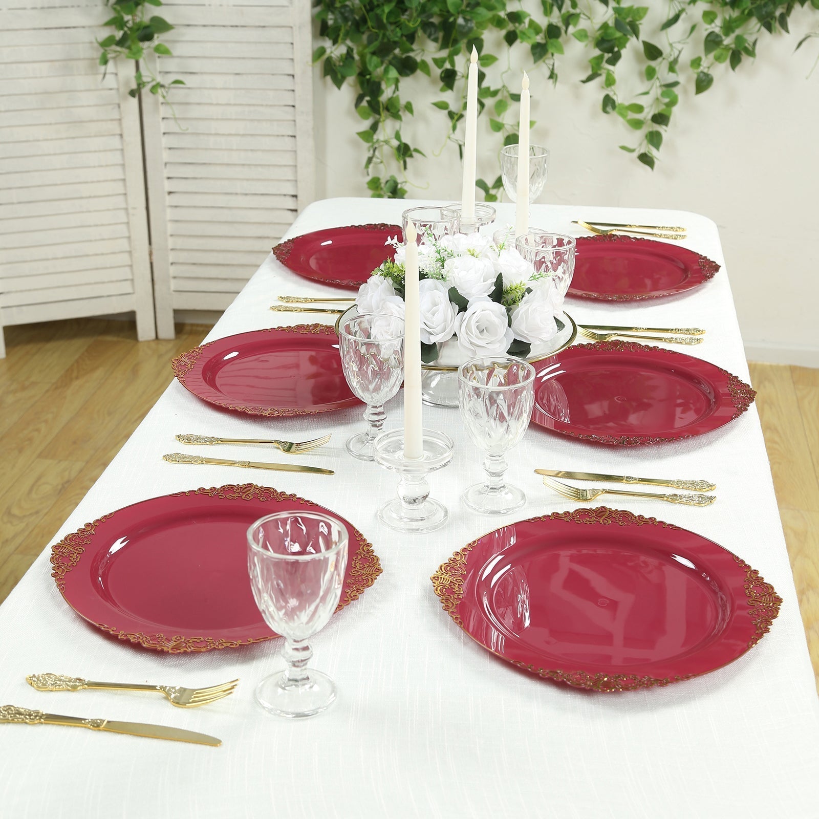 20 - Pack Economy Plastic Round Charger Plates 13" in Burgundy with Gold Embossed Baroque Rim, Stylish Dinner Party Serving Plates - Bell Racket Store