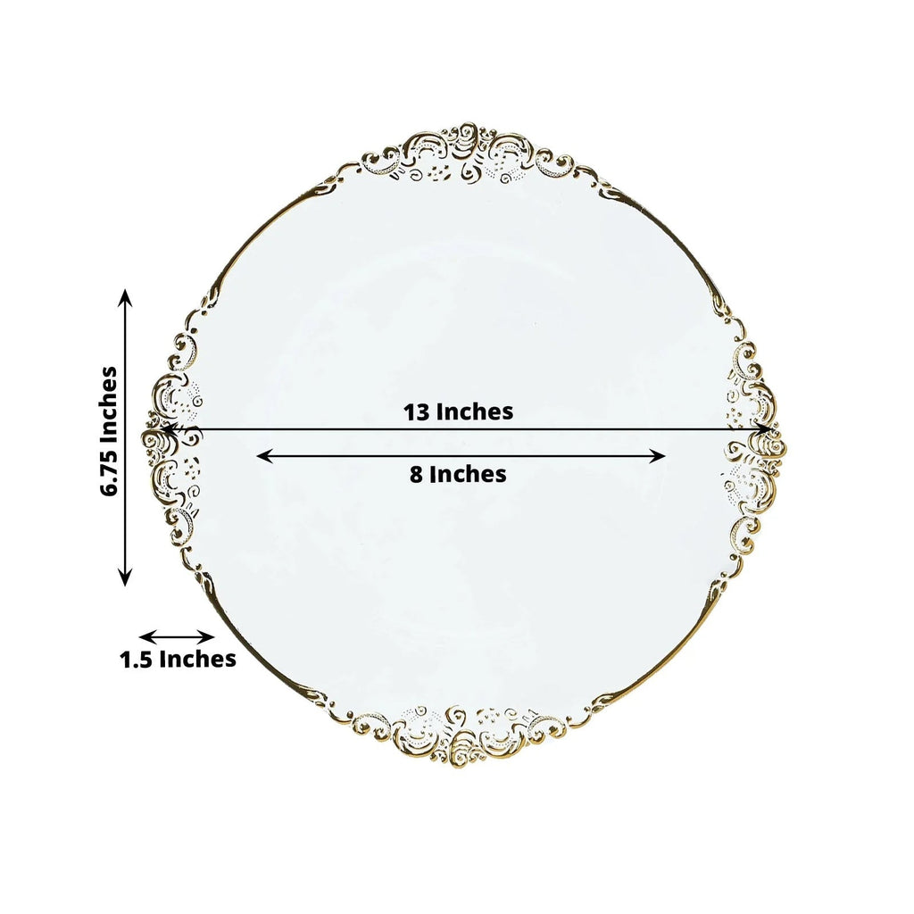 20 - Pack Economy Plastic Round Charger Plates 13" in Clear with Gold Embossed Baroque Rim, Stylish Dinner Party Serving Plates - Bell Racket Store