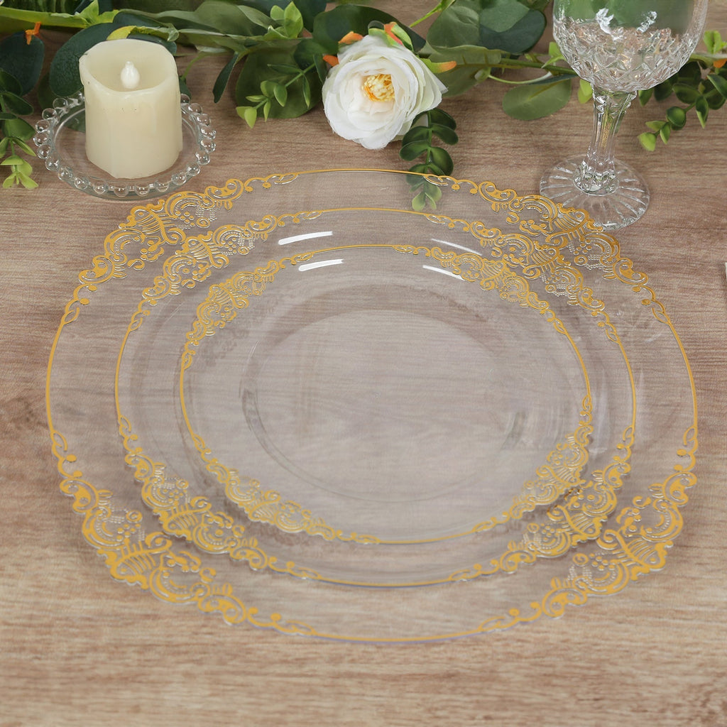20 - Pack Economy Plastic Round Charger Plates 13" in Clear with Gold Embossed Baroque Rim, Stylish Dinner Party Serving Plates - Bell Racket Store