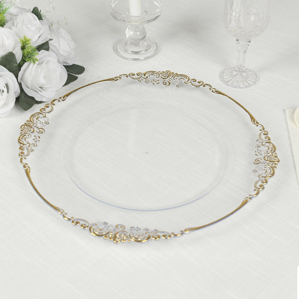 20 - Pack Economy Plastic Round Charger Plates 13" in Clear with Gold Embossed Baroque Rim, Stylish Dinner Party Serving Plates - Bell Racket Store