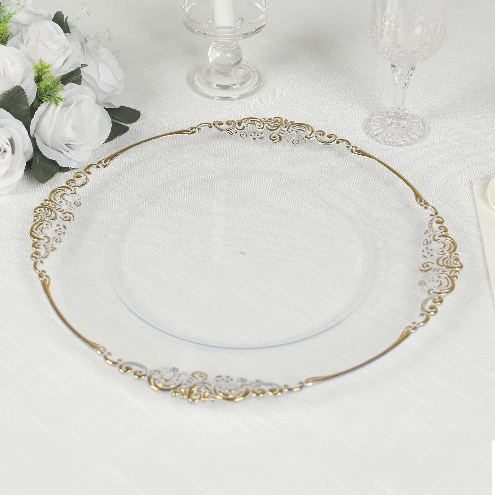 20 - Pack Economy Plastic Round Charger Plates 13" in Clear with Gold Embossed Baroque Rim, Stylish Dinner Party Serving Plates - Bell Racket Store