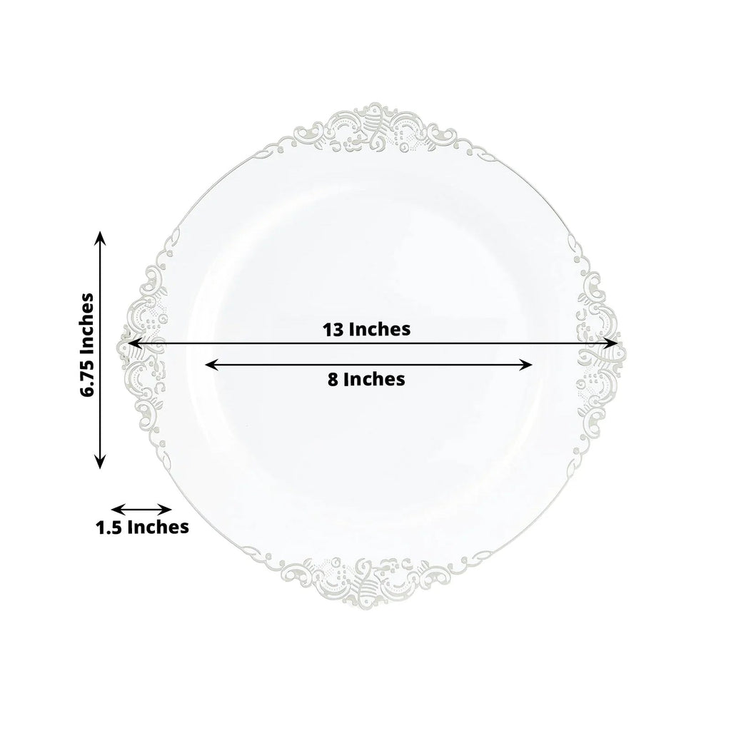 20 - Pack Economy Plastic Round Charger Plates 13" in Clear with Silver Embossed Baroque Rim, Stylish Dinner Party Serving Plates - Bell Racket Store