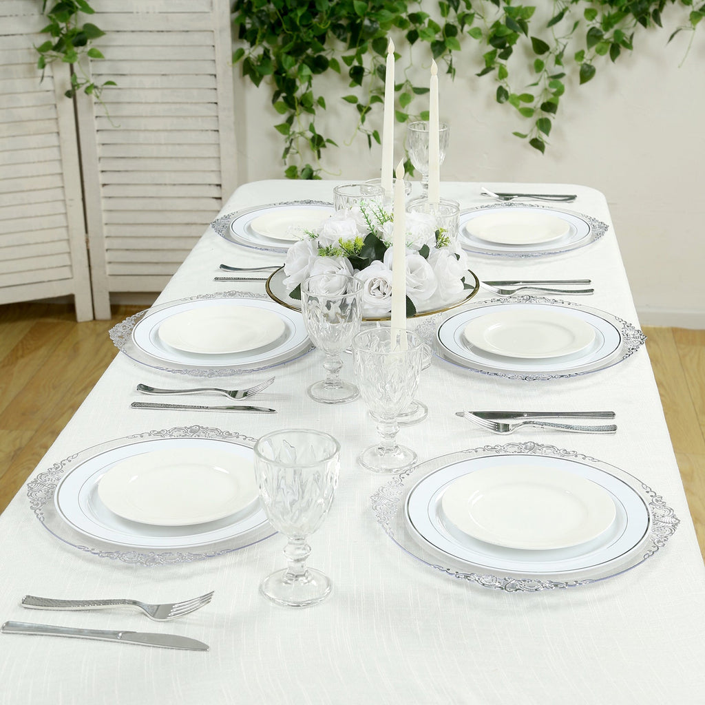 20 - Pack Economy Plastic Round Charger Plates 13" in Clear with Silver Embossed Baroque Rim, Stylish Dinner Party Serving Plates - Bell Racket Store